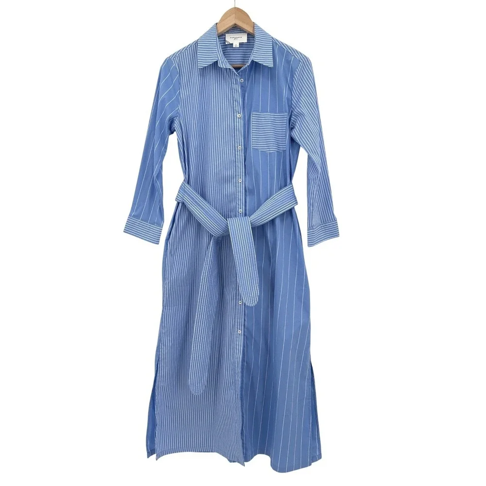 Pomander Place Tuckernuck Blue White Striped Belted Midi Shirt Dress Women Small - Picture 3 of 8